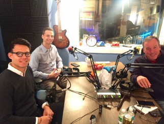 Philip Soriano (front left) in the recording studio with co-hosts Tony Fontana (back left) and Bill Thorne (right).